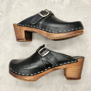 Sandgrens Clogs Women's 7.5 Black Leather Nashville Wood Boho Handmade In Sweden